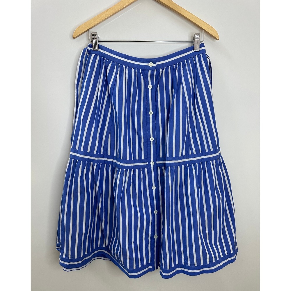 J. Crew Striped Midi Skirt Blue White Button Size 8 Preppy Coastal Brunch Summer - Picture 2 of 14